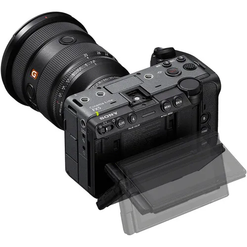 Sony FX5 vista superior com lente e monitor articulado